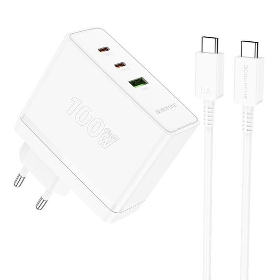 Borofone BN11 PD100W Caricatore doppio USB-C/Tipo-C+USB con cavo da tipo C a tipo C, spina europea (bianco)