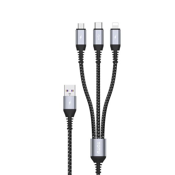 TOTU CB-5-3 Cavo dati multifunzionale 3 in 1 da USB a 8 pin da 17,5 W + Micro USB + USB-C/Type-C, lunghezza: 1,2 m (grigio)