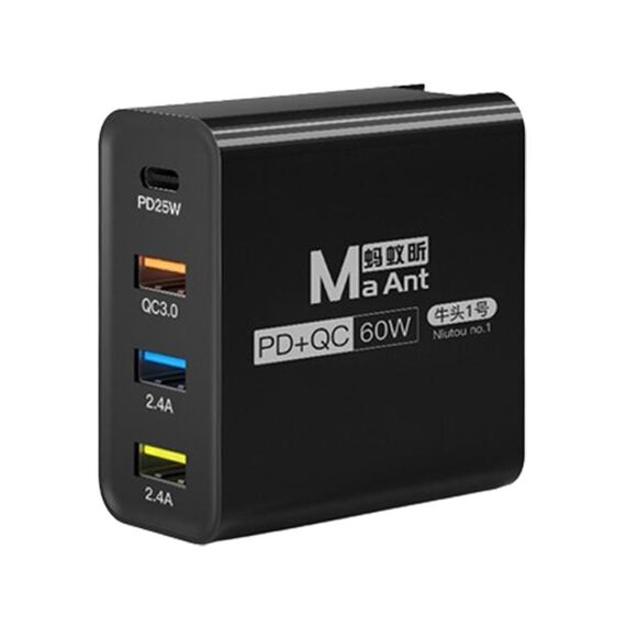 Ma-Ant Caricabatterie a ricarica rapida multiporta USB-C/Tipo-C+3 USB da 60 W, Spina: Spina UE (Nero)