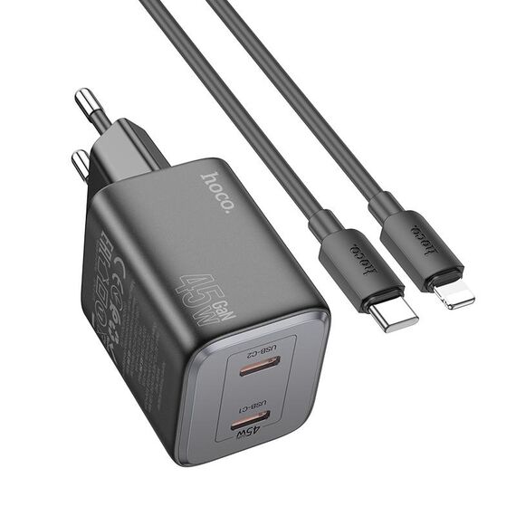 hoco N42 Elogiado PD45W Caricabatterie tipo C a doppia porta con cavo da tipo C a 8 pin, spina europea (nero)