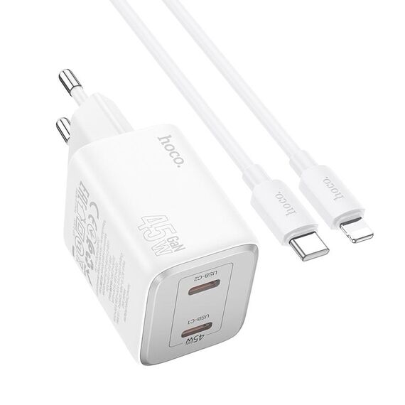 hoco N42 Elogiado PD45W Caricabatterie tipo C a doppia porta con cavo da tipo C a 8 pin, spina europea (bianco)