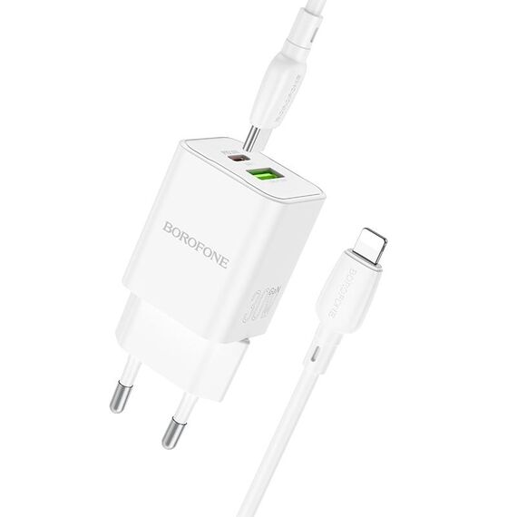 BOROFONE BN14 Royal PD30W Type-C + Caricatore USB QC3.0 con cavo da Type-C a 8 pin, spina EU (bianco)