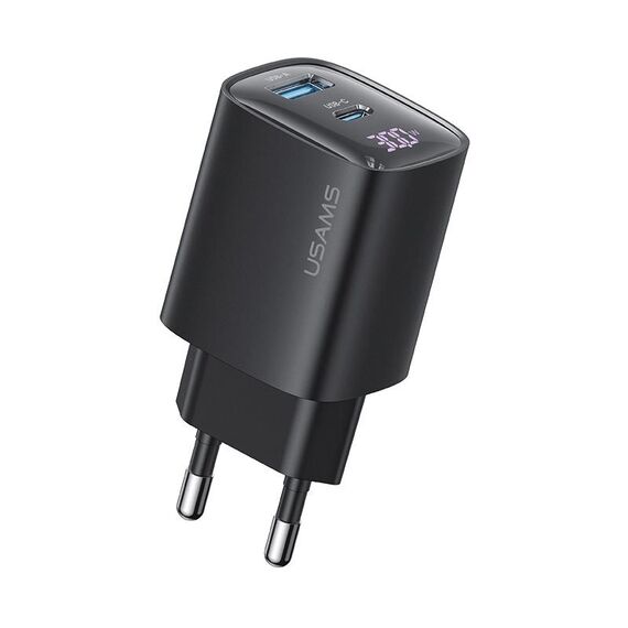 USAMS CC229 Caricatore con display digitale GaN a doppia porta USB+USB-C/Type-C da 30 W, Specifiche: Spina UE (Nero)