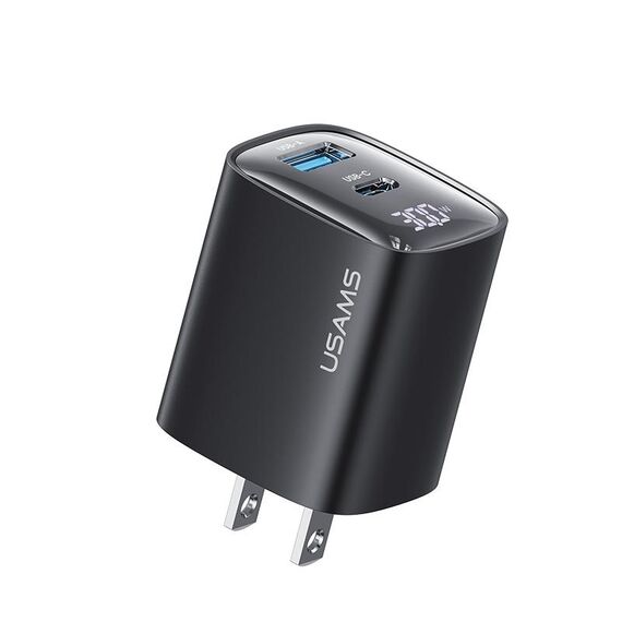 USAMS CC230 Caricabatterie con display digitale GaN a doppia porta USB+USB-C/Type-C da 30 W, Specifiche: presa americana (nero)