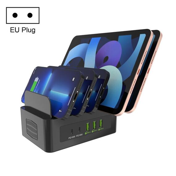 YFY-A54 Stazione di ricarica intelligente USB + Type-C da 100 W a 5 porte con supporto per telefono e tablet, presa EU