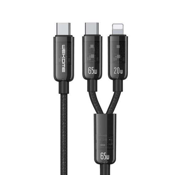 WK WDC-194 Pioneer Series 2 in 1 65W USB-C/Tipo-C a USB-C/Tipo-C+8 Pin Cavo Dati Ricarica Rapida, Lunghezza: 1m (Nero)