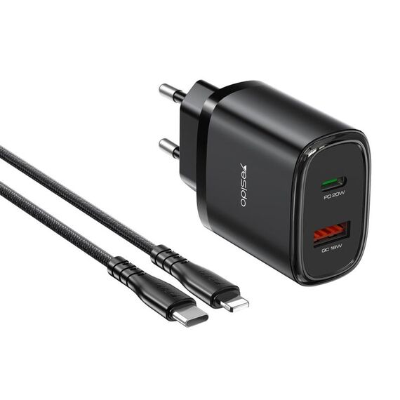 Yesido YC47 USB-C / Type-C + Caricabatterie da viaggio USB con cavo USB-C / Type-C a 8 pin da 1 m, spina EU (nero)