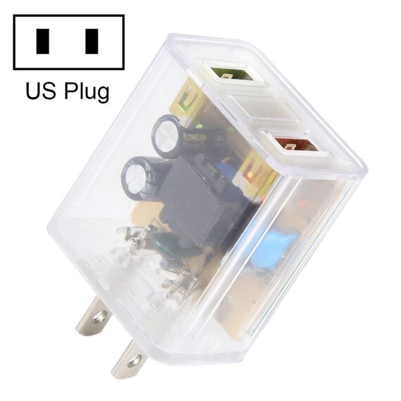 Caricatore doppio USB trasparente 2A, specifica: spina americana