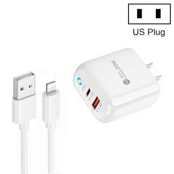 PD04 Type-C + Caricatore per telefono cellulare USB con cavo da USB a 8 pin, spina americana (bianco)