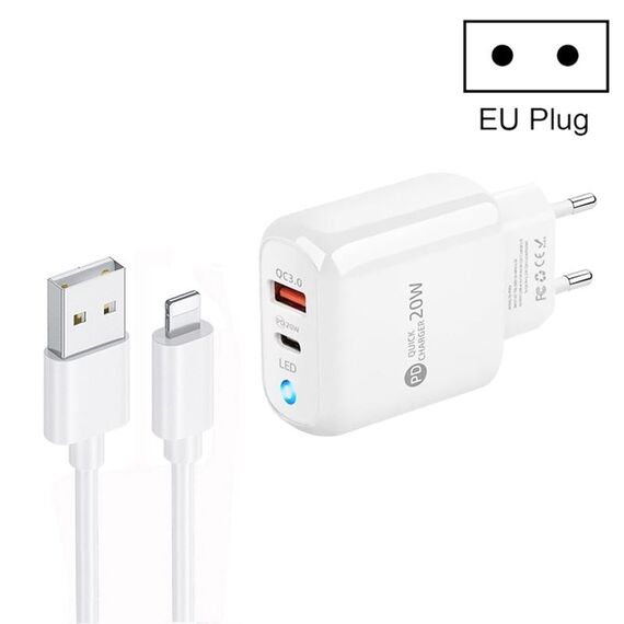 Caricabatterie per telefono cellulare PD04 Type-C + USB con cavo da USB a 8 pin, spina europea (bianco)