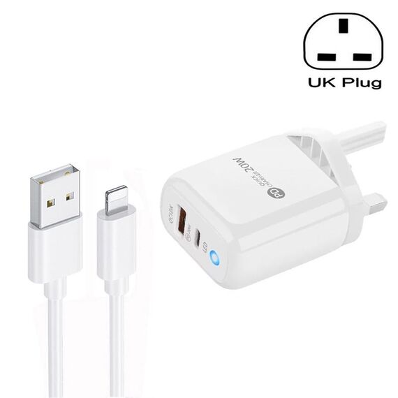 PD04 Type-C + USB Caricabatteria per telefono cellulare con cavo da USB a 8 pin, spina UK (bianco)