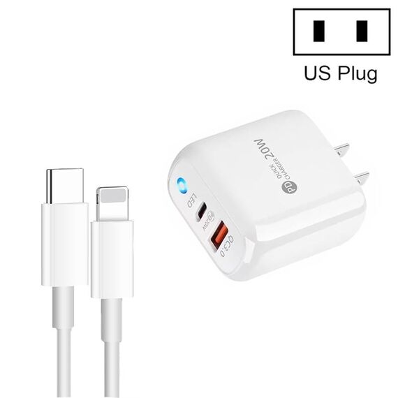 PD04 Tipo-C + USB Caricabatteria per telefono cellulare con cavo da tipo C a 8 pin, spina americana (bianco)