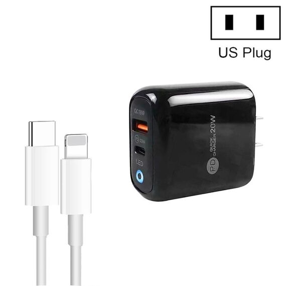 PD04 Tipo-C + USB Caricabatteria per telefono cellulare con cavo da tipo C a 8 pin, spina americana (nero)