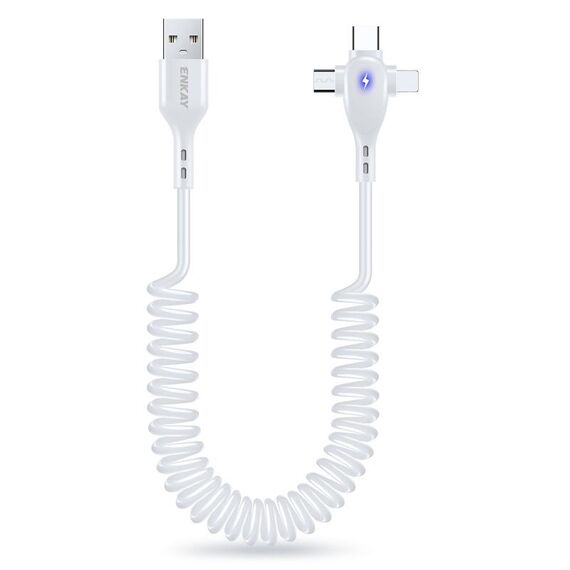 ENKAY Hat-Prince 3 in 1 6A da USB a 8 pin+Type-C+Micro USB Supper Cavo a molla per ricarica rapida, lunghezza: 1,8 m (bianco)