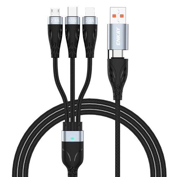 ENKAY ENK-CB135 Cavo di ricarica multifunzione 5 in 1 da 65 W USB-A e USB-C a 8 pin / Type-C / Micro USB con indicatore luminoso, lunghezza cavo: 2 m