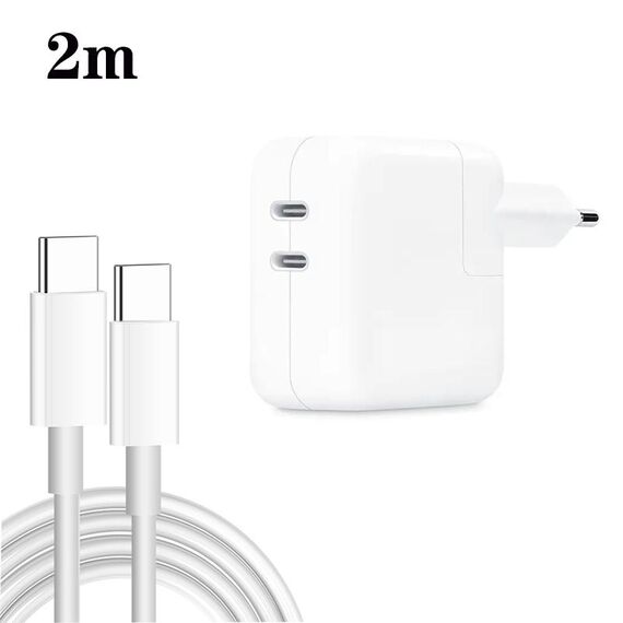 Caricabatterie a doppia porta USB-C/tipo-C da 35 W PD3.0 con cavo dati da tipo C a tipo C da 2 m, spina europea