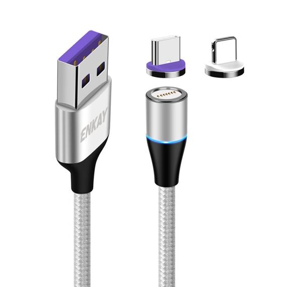 ENKAY 2 in 1 5A USB a Type-C + cavo dati magnetico a ricarica rapida a 8 pin con luce LED, lunghezza: 1 m (argento)