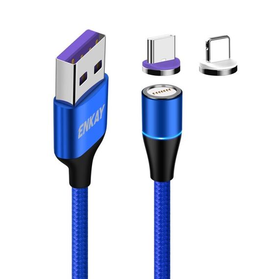 ENKAY 2 in 1 5A USB a Type-C + cavo dati magnetico a ricarica rapida a 8 pin con luce LED, lunghezza: 1 m (blu)
