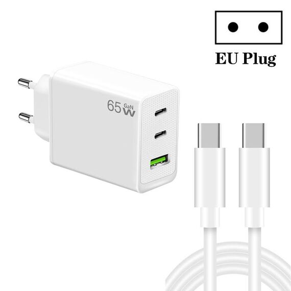 Caricatore GaN PD65W tipo C x 2 + USB 3.0 con cavo dati da tipo C a tipo C, spina europea (bianco)