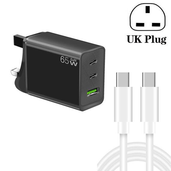 Caricatore GaN PD65W tipo C x 2 + USB 3.0 con cavo dati da tipo C a tipo C, spina UK (nero)