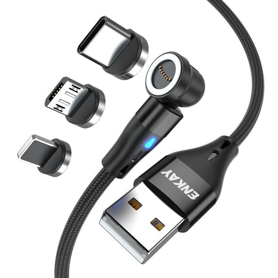 ENKAY 3 in 1 3A USB a Type-C / 8 Pin / Micro USB Magnetico 540 Gradi Rotante Cavo di Ricarica Veloce, Lunghezza: 1m (Nero)