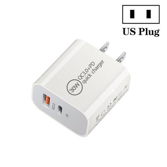 Caricabatterie a doppia porta USB PD30W USB-C / Type-C + QC3.0, dimensioni spina: spina americana