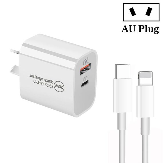 PD30W USB-C / Type-C + QC3.0 Caricatore USB a doppia porta con cavo dati da 1 m da Type-C a 8 pin, spina AU