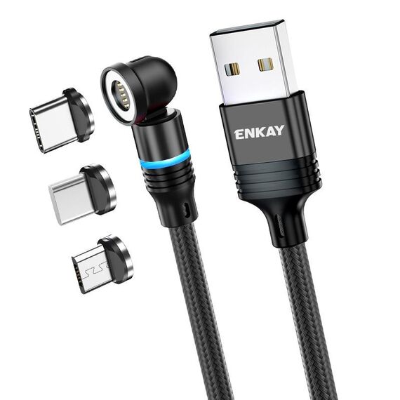 ENKAY Cavo di ricarica rapido magnetico con rotazione di 540 gradi 3 in 1 da USB a tipo C / 8 pin / Micro USB 3 in 1, lunghezza: 2 m (nero)