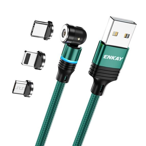 ENKAY Cavo di ricarica magnetico girevole a 540 gradi 3 in 1 da USB a tipo C / 8 pin / Micro USB 2,4 A, lunghezza: 2 m (verde)