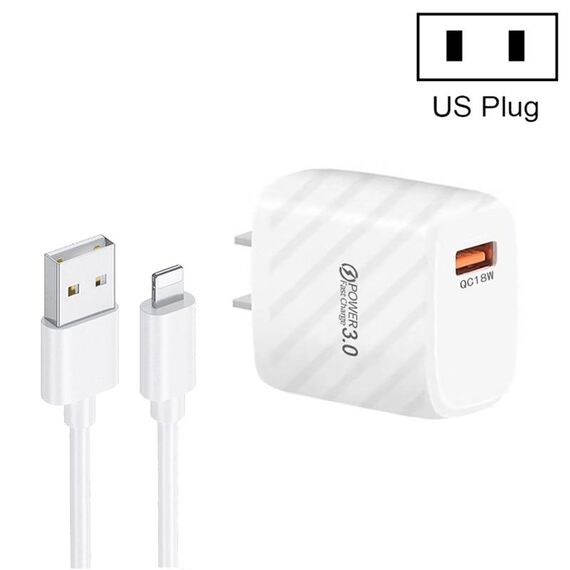 Caricabatterie rapido USB TE-005 QC3.0 da 18 W con cavo da USB a 8 pin da 3 A da 1 m, spina americana (bianco)