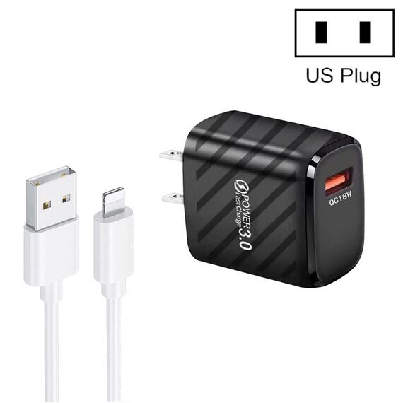 Caricabatterie rapido USB TE-005 QC3.0 da 18 W con cavo da USB a 8 pin da 3 A da 1 m, spina americana (nero)