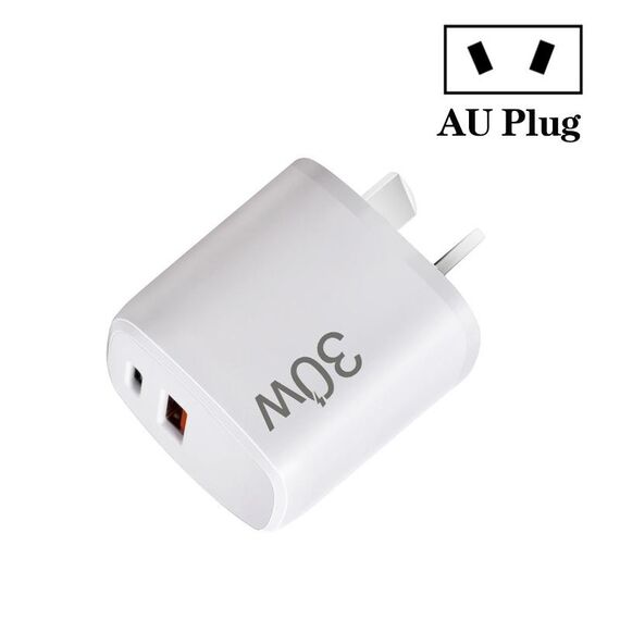 Caricatore doppia porta USB PD30W USB-C / Type-C + QC3.0 per iPhone serie 15 / iPad, spina AU (bianco)