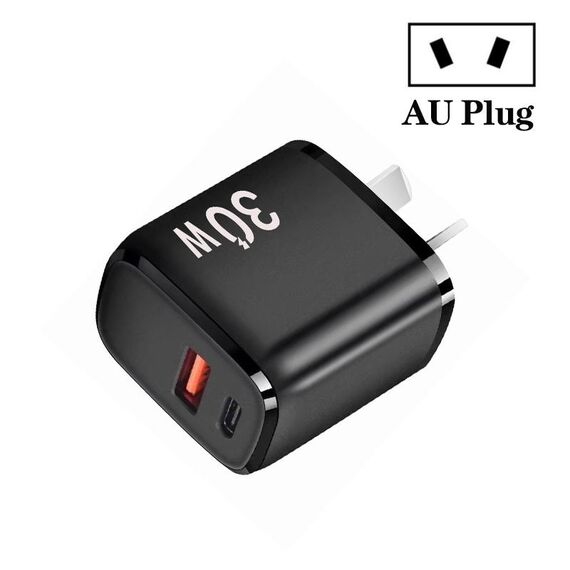 Caricatore doppia porta USB PD30W USB-C / Type-C + QC3.0 per iPhone serie 15 / iPad, spina AU (nero)