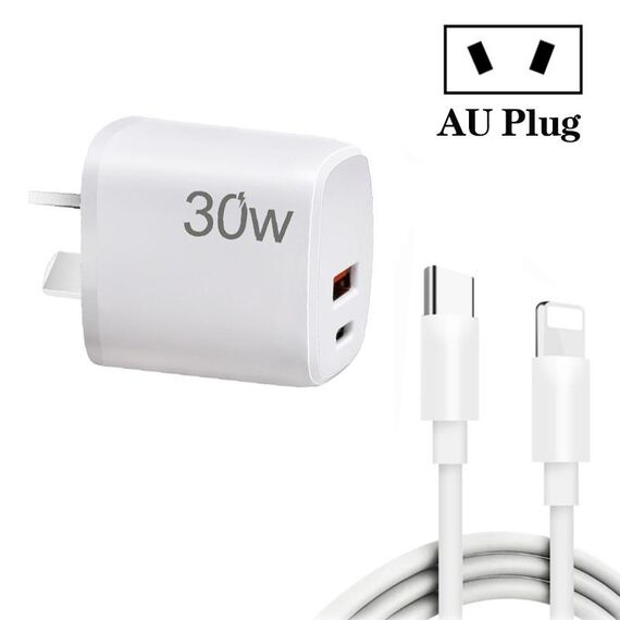Caricatore USB PD30W USB-C / Type-C + QC3.0 con cavo dati da Type-C a 8 pin da 1 m, spina AU (bianco)