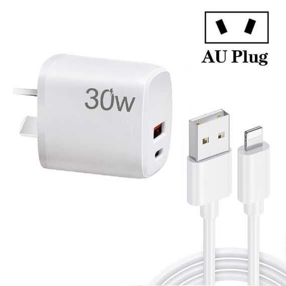 Caricatore USB PD30W USB-C / Type-C + QC3.0 con cavo dati da USB a 8 pin da 1 m, spina AU (bianco)
