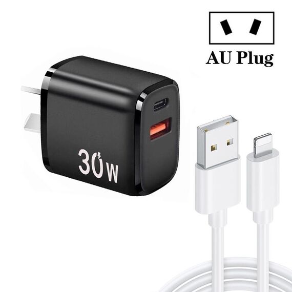 Caricatore USB PD30W USB-C / Type-C + QC3.0 con cavo dati da USB a 8 pin da 1 m, spina AU (nero)