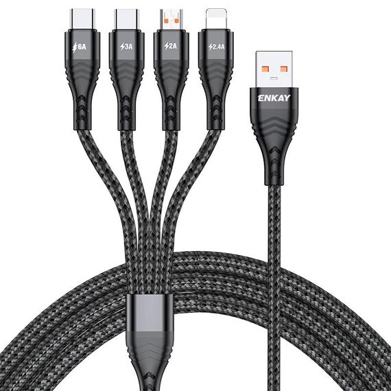 ENKAY Cavo di ricarica rapida multifunzione 4 in 1 da USB-A a tipo C / 8 pin / Micro USB 6A, lunghezza cavo: 2 m (nero)