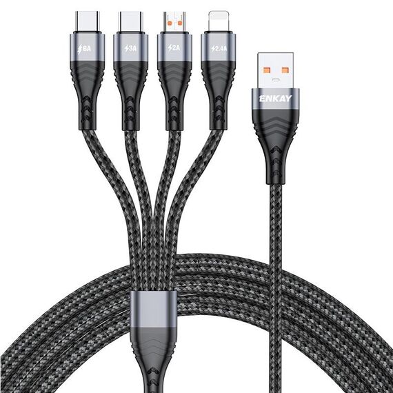 ENKAY Cavo di ricarica rapida multifunzione 4 in 1 da USB-A a tipo C / 8 pin / Micro USB 6A, lunghezza cavo: 2 m (grigio)