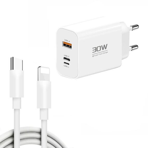 PD30W USB-C / Type-C + 8 pin + caricatore USB con cavo data da Type-C a 8 pin (spina UE)