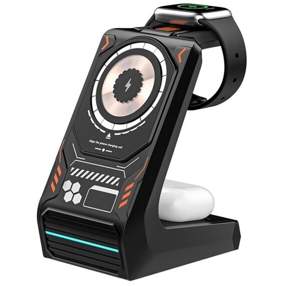 T21 3 in 1 Mecha Caricatore per cellulare Orologio Auricolare Desktop Wireless Dock Station di ricarica (Nero)