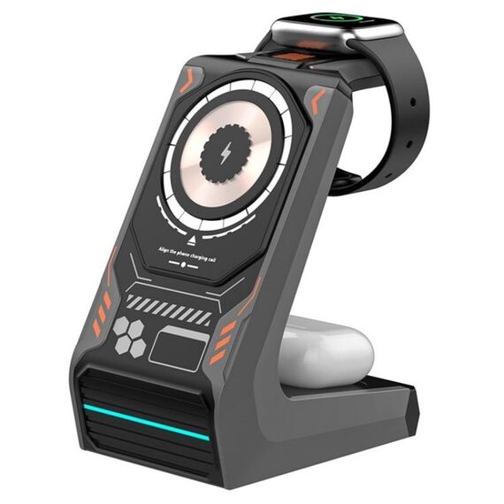 T21 3 in 1 Mecha Caricatore per cellulare Orologio Auricolare Desktop Dock di ricarica wireless (Grigio)