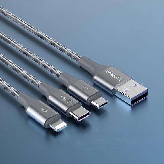 ROMOSS 3-in-1 66W 6A USB a 8 pin / Type-C / USB-C / Cavo di ricarica micro Cavo intrecciato in nylon 1,5 M (grigio)