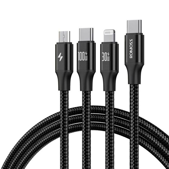 ROMOSS PD100W Cavo dati 3 in 1 da tipo C/USB-C a 8 pin e tipo C e linea di ricarica rapida micro 1,5 m (nero)