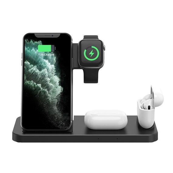 Caricabatterie wireless per auricolari da tavolo pieghevole 4 in 1 per telefono cellulare (nero)