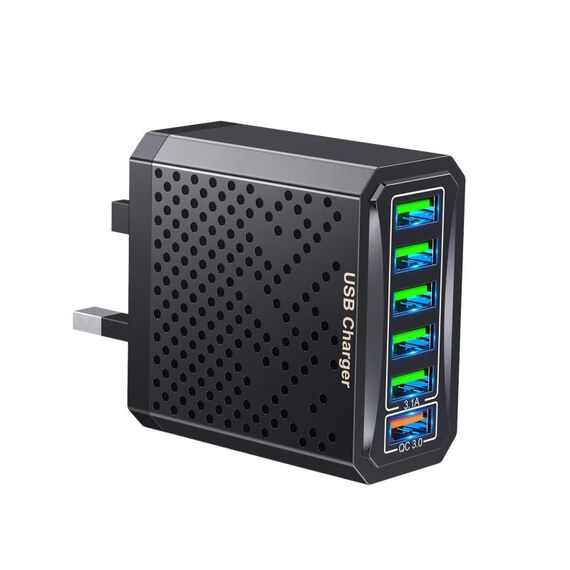 Adattatore di alimentazione per caricabatterie da viaggio USB a ricarica rapida multifunzionale a 6 porte, modello: spina UK nera