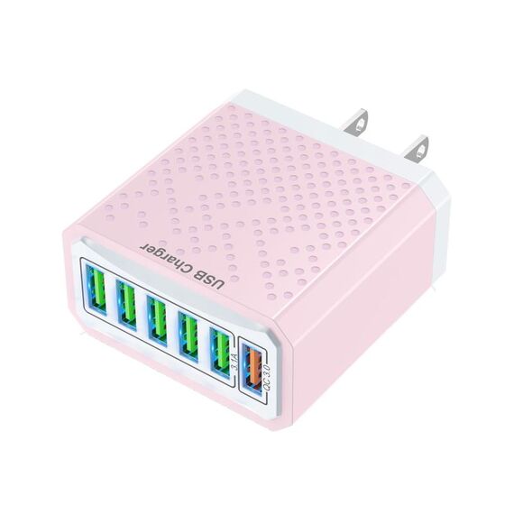 Adattatore di alimentazione per caricabatterie da viaggio USB a ricarica rapida multifunzionale a 6 porte, modello: spina americana rosa