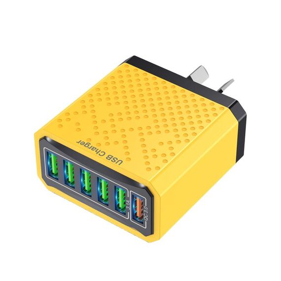 Adattatore di alimentazione per caricabatterie da viaggio USB a ricarica rapida multifunzionale a 6 porte, modello: spina AU gialla