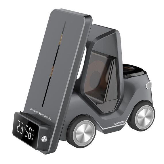 T20 Caricabatterie wireless per sveglia da tavolo 5 in 1 a forma di auto con luce atmosferica (grigio)