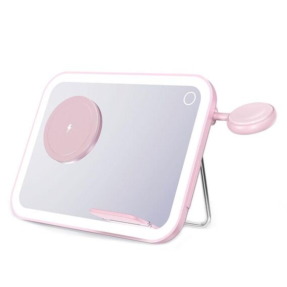 Caricatore wireless con luce notturna per specchio per trucco LED pieghevole magnetico 3 in 1 MagSafe da 15 W (rosa)