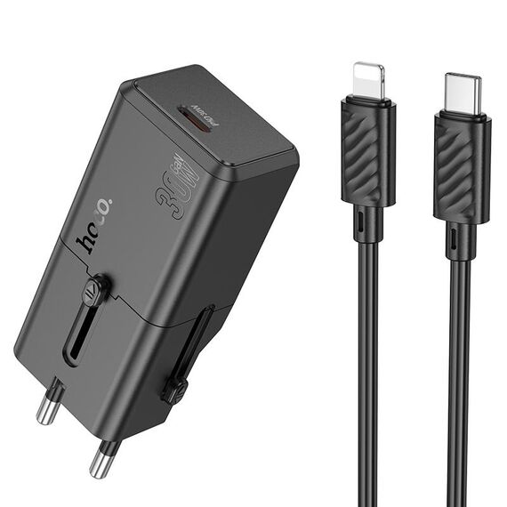 Caricabatterie da viaggio universale hoco AC25 Mini Single Port PD30W con cavo da tipo C a 8 pin (nero)